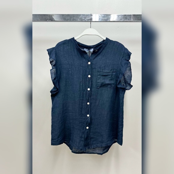 (8093-NVY) SOLID RUFFLE SHORT SLEEVE CHEST POCKET BUTTON DOWN LINEN TOP - Picture 1 of 6
